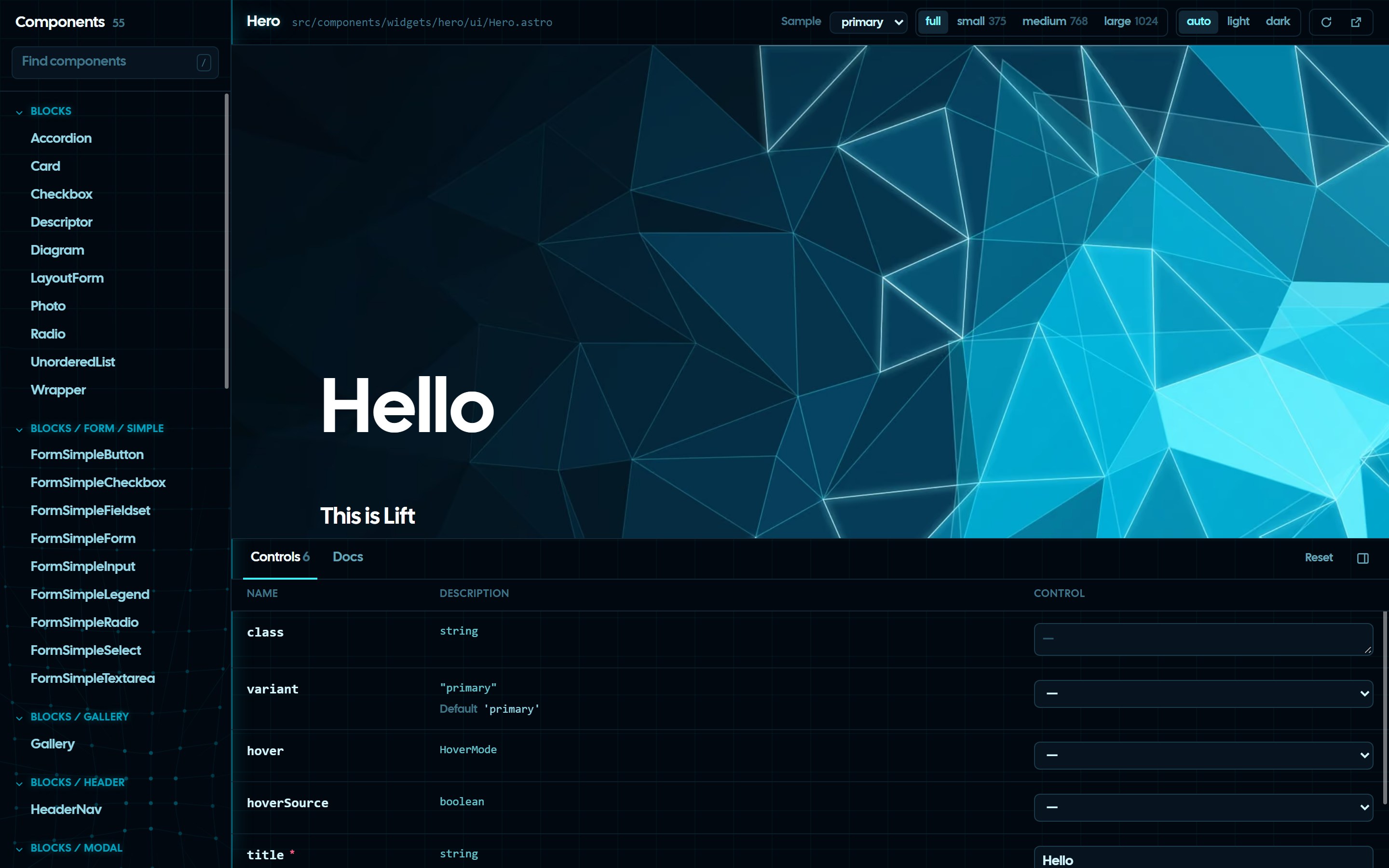 The component playground showing the Hero widget with its sample, screens and controls